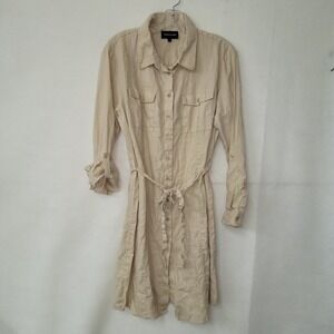 FRENCH CURVE Linen Shirt Dress Beige Long Sleeve Belted‎ Utility Size L
